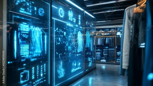 clothing store with blue digital screen.