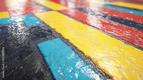 Colorful painted pedestrian crossing on a rainy day