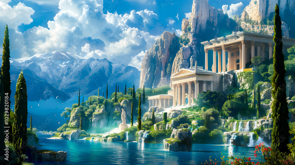 Obraz premium Depiction of Olympus The Divine Abode of Gods in Greek Mythology through Art Concept Greek Mythology Olympus Art Divine Abode Gods