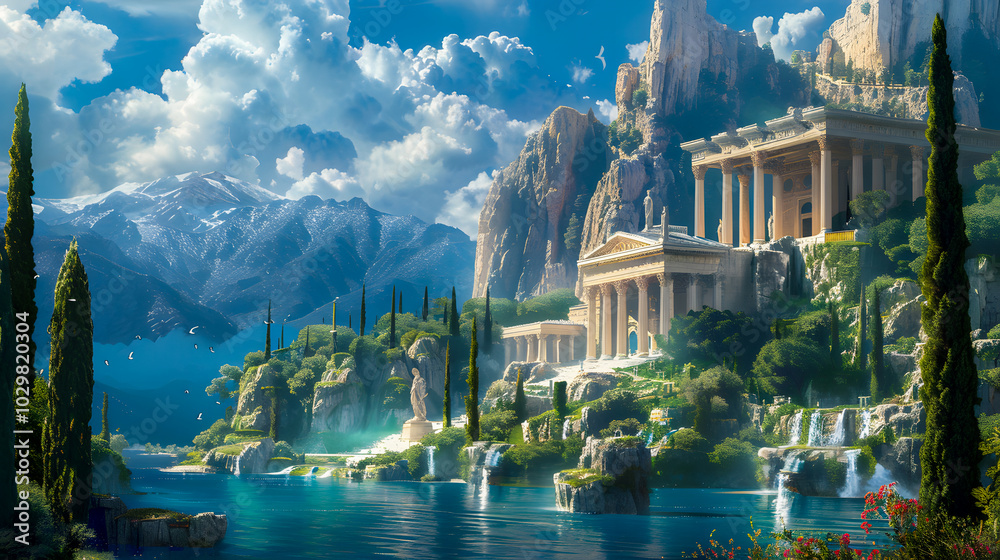 Obraz premium Depiction of Olympus The Divine Abode of Gods in Greek Mythology through Art Concept Greek Mythology Olympus Art Divine Abode Gods