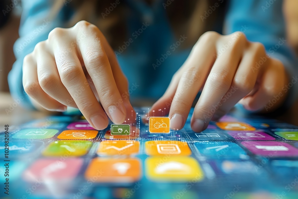 Hands Arranging Infographic Components for Creative Design Layout