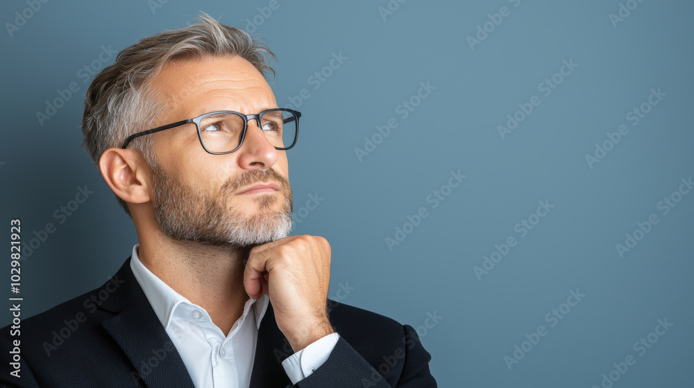 businessman in contemplative pose, wearing glasses and suit, reflects thoughtfully against minimalist background. His expression conveys deep thought and consideration businessman in contemplative pose, wearing glasses and suit, reflects thoughtfully against minimalist background. His expression conveys deep thought and consideration