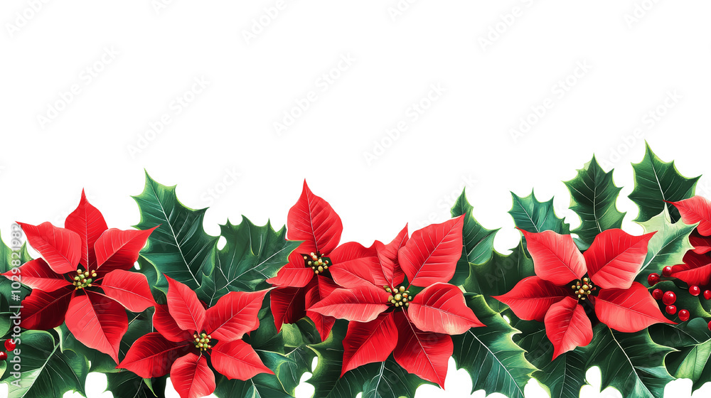 Christmas Holly and Poinsettia Border
