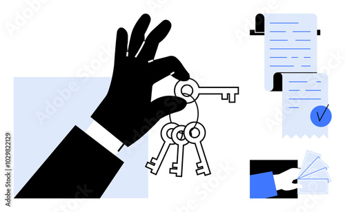 Hand holding keys with signed document and gesturing hand. Ideal for business, real estate, contract agreements, key exchange, and transactions. Simple flat style using blue, black, and white colours