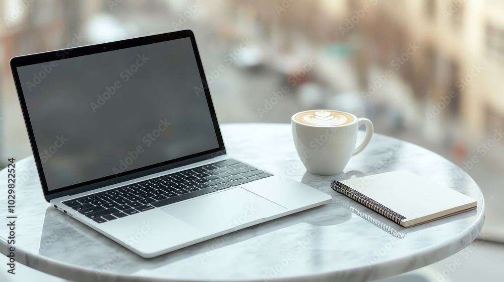 A slim, elegant laptop placed on a marble-topped cafe table, with a cup of cappuccino and a notebook beside it A soft, blurred outdoor city scene can be seen through the window A slim, elegant laptop placed on a marble-topped cafe table, with a cup of cappuccino and a notebook beside it A soft, blurred outdoor city scene can be seen through the window