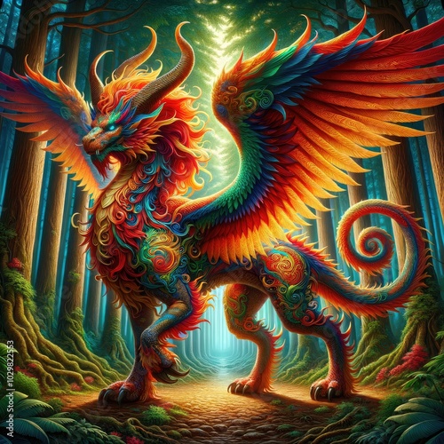 Guardian of the Enchanted Forest: A Hyper-Realistic Fiery Qilin-Dragon with Vibrant Wings, Ornamental Patterns, and Iridescent Scales Standing Majestically Amidst Sunlit Trees in a Mystical Woodland