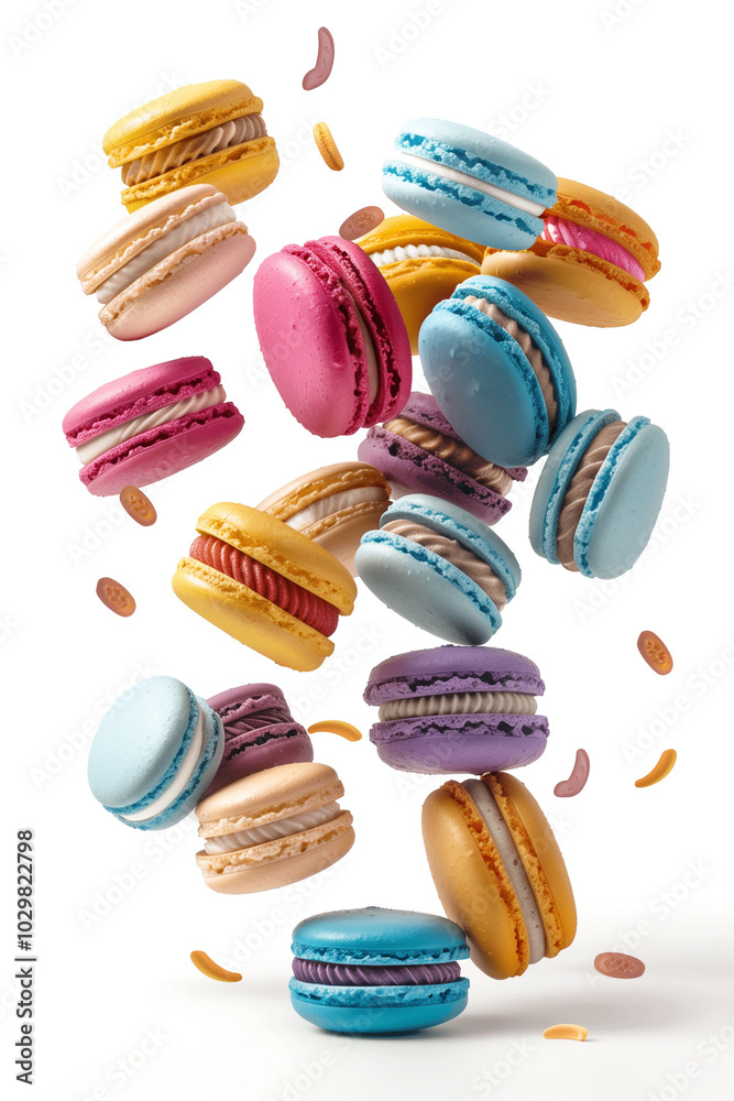 Colorful macarons levitate against a bright white background in a playful display Colorful macarons levitate against a bright white background in a playful display