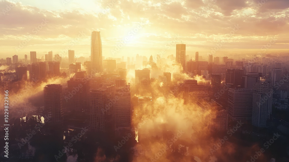 Fototapeta premium Sunrise Over Cityscape with Soft Light Effects