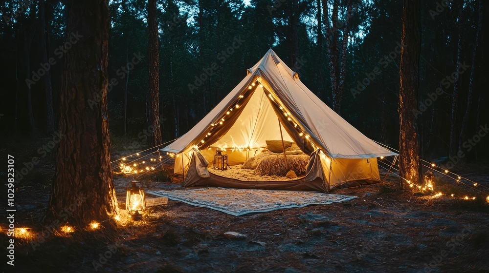Cozy Camping Setup with Fairy Lights in Nature Cozy Camping Setup with Fairy Lights in Nature