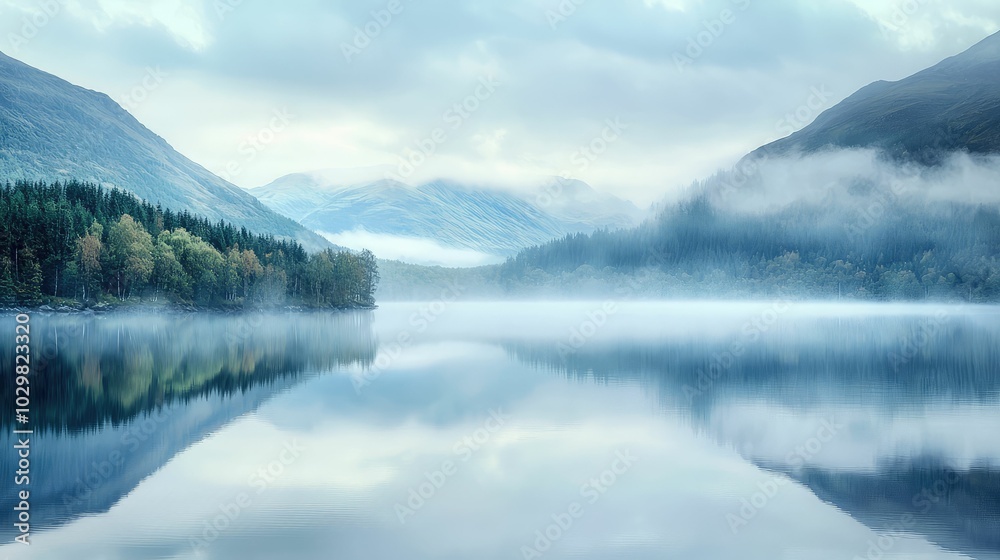 Foggy Mountain Lake View at Dawn Foggy Mountain Lake View at Dawn