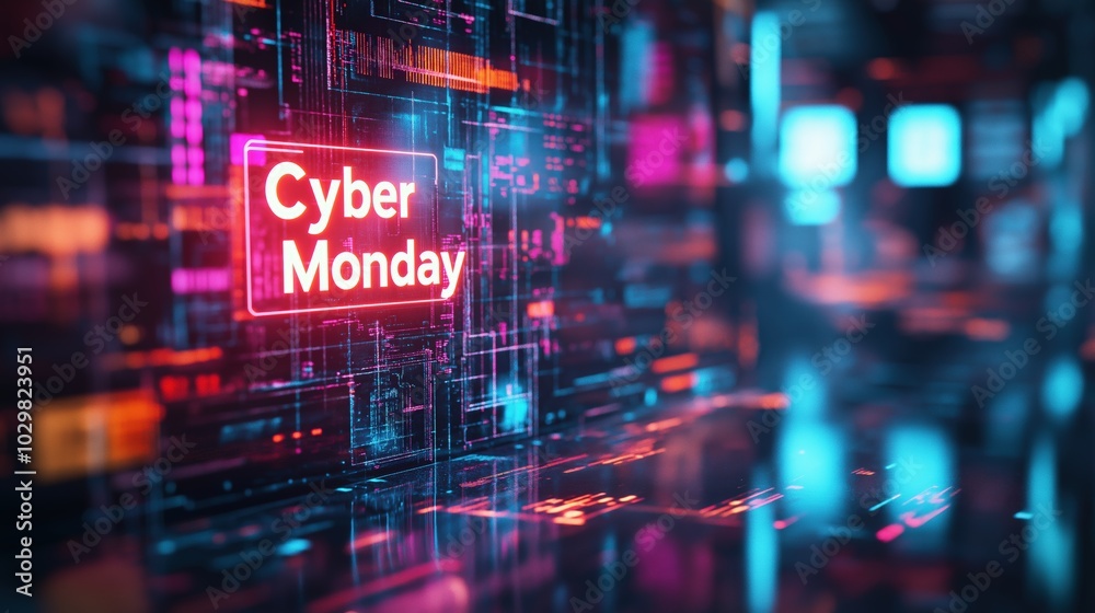 Fototapeta premium Glowing Cyber Monday sign on a futuristic digital grid background