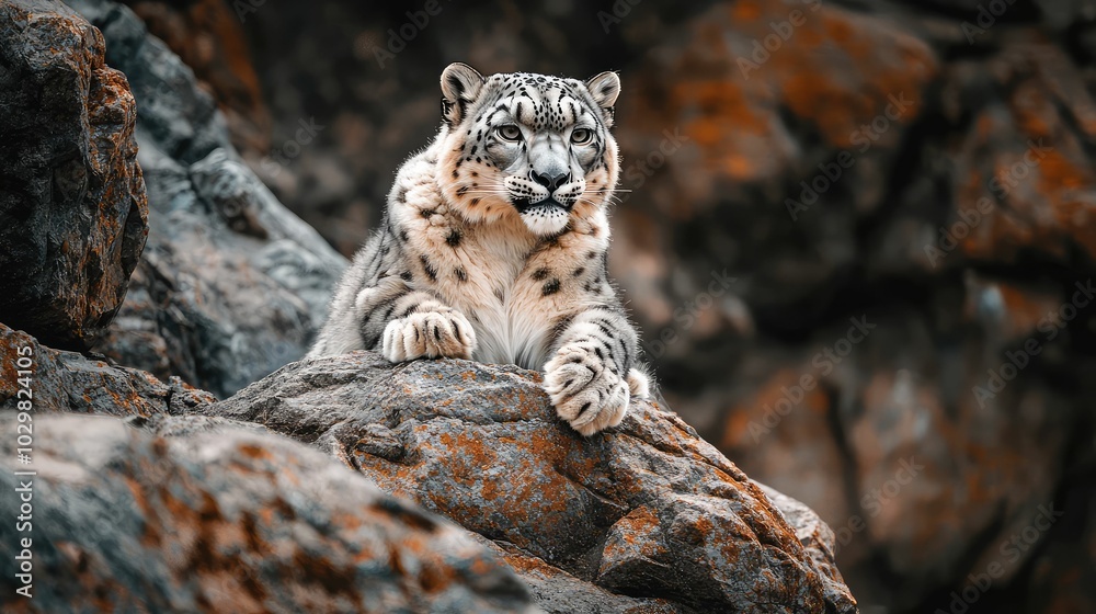 Naklejka premium Majestic Snow Leopard Perched on Rocky Terrain