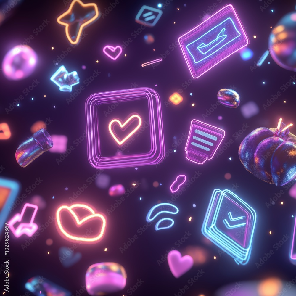 Neon glowing icons floating in a dark abstract space for Cyber Monday Neon glowing icons floating in a dark abstract space for Cyber Monday