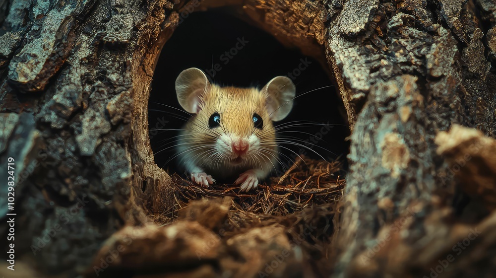 Slender Mouse Peeking from a Tree Hollow Slender Mouse Peeking from a Tree Hollow