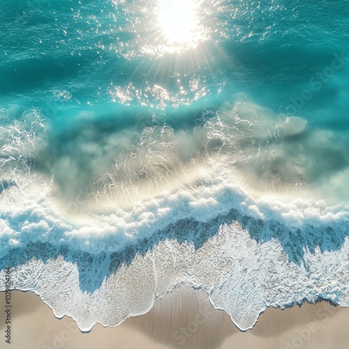 The sun shining brightly over the turquoise ocean, with waves crashing into the shore and creating delicate foam patterns photo