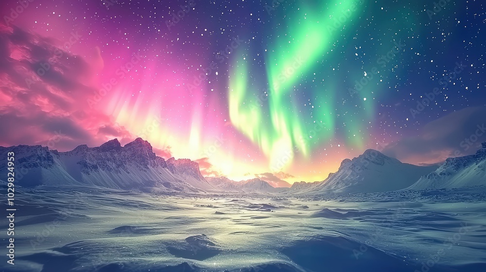 Naklejka premium Vibrant Aurora Borealis Over Snowy Landscape
