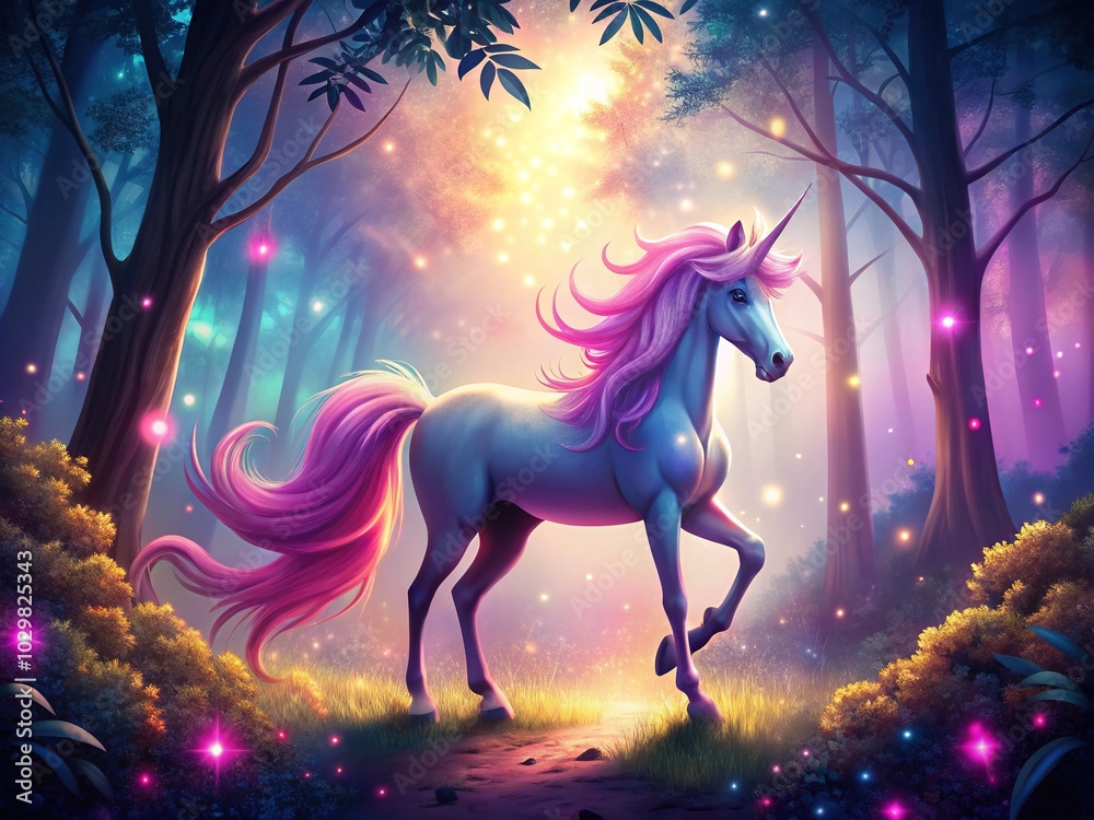 Enchanted Unicorn Silhouette in Magical Forest with Glowing Background - Adorable Cartoon Character with Pink Mane - Fantasy Art for Kids and Fantasy Lovers Enchanted Unicorn Silhouette in Magical Forest with Glowing Background - Adorable Cartoon Character with Pink Mane - Fantasy Art for Kids and Fantasy Lovers