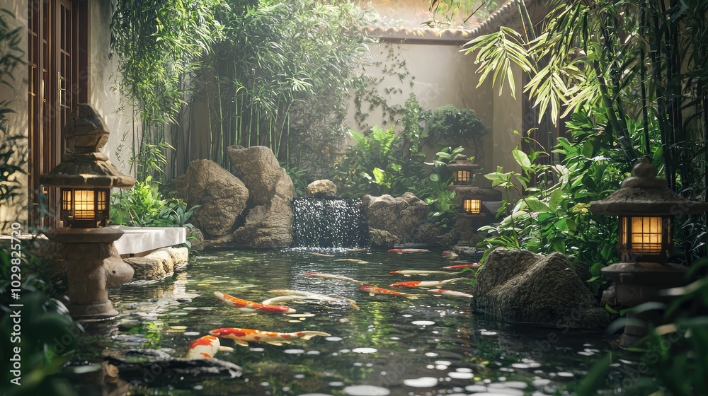 Tranquil Courtyard Scene with Koi Fish and Lush Foliage Tranquil Courtyard Scene with Koi Fish and Lush Foliage