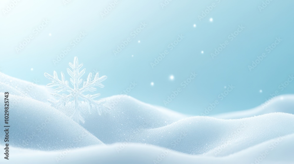 A snowflake is on top of a snow covered hill. The snow is white and the sky is blue A snowflake is on top of a snow covered hill. The snow is white and the sky is blue