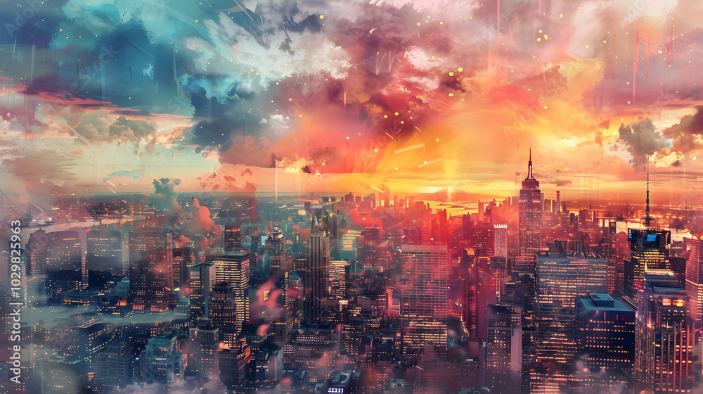 Fototapeta premium Panoramic Cityscape Watercolor