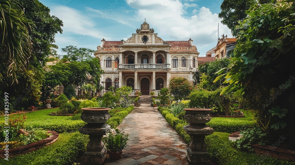 Historic Hotel Surrounded by Lush Garden Landscape Historic Hotel Surrounded by Lush Garden Landscape