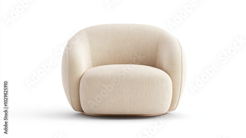 A cozy, modern armchair featuring rounded design and soft, textured fabric in neutral beige color. This stylish piece adds comfort and elegance to any living space