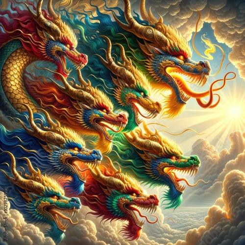 Wallpaper Mural Celestial Serpent of Seven: A Hyper-Realistic, Multi-Headed Dragon with Vibrant Scales, Fiery Manes, and Golden Horns Soaring Majestically Through Sunlit Clouds in an Epic Display of Mythical Power Torontodigital.ca
