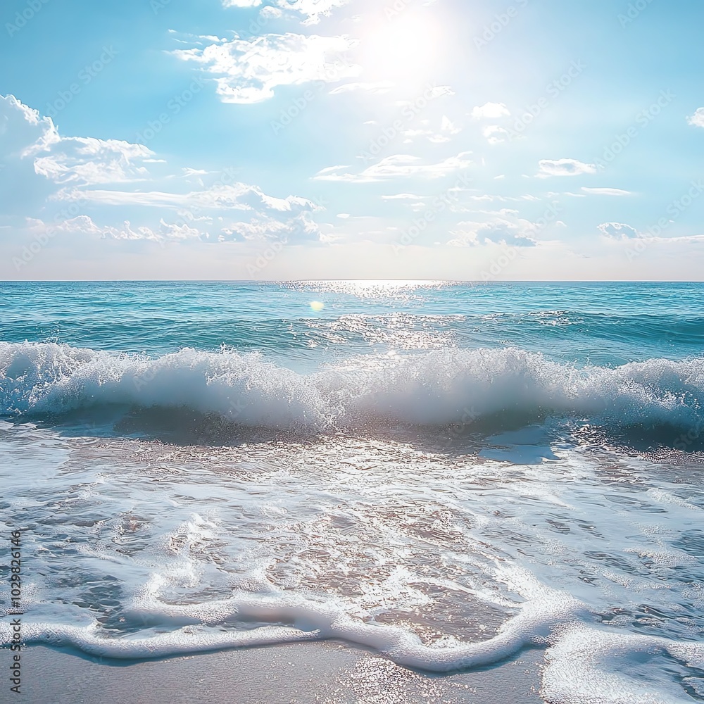 Fototapeta premium Turquoise waters shining under the sun, with gentle waves and foam rolling toward the shore in a calm and peaceful manner