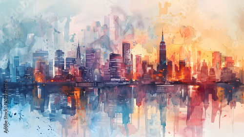 Panoramic Cityscape Watercolor