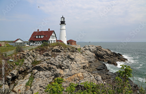 Landscape with Cape Elizabeth - Portland Head Light - Oldest, 18th century lighthouse in Maine photo