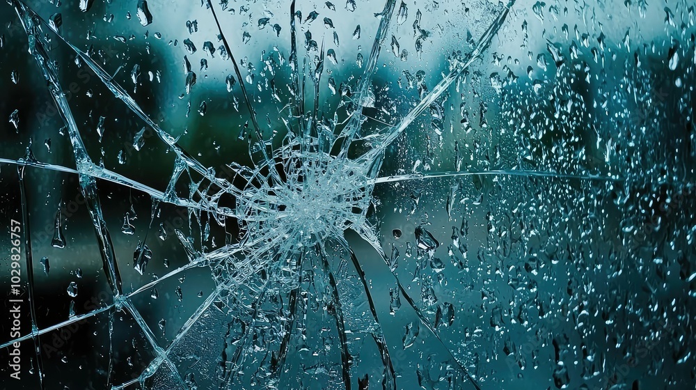 Shattered Window with Raindrops in a Dreamy Scene Shattered Window with Raindrops in a Dreamy Scene