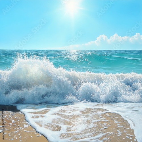 Waves of turquoise water rolling toward the shore with frothy white foam, as the sun shines high in the clear sky photo