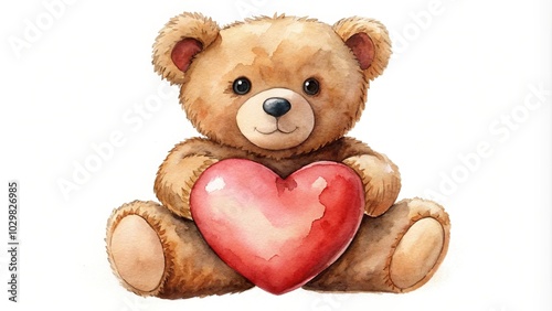 Symmetrical watercolor illustration of brown teddy bear holding heart
