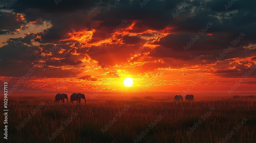 Naklejka premium Majestic Elephants at Sunset Over Savannah