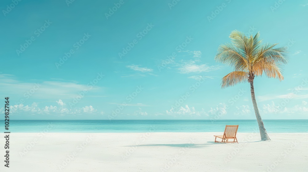 Fototapeta premium Tranquil Beach Scene with Single Palm Tree and Chair