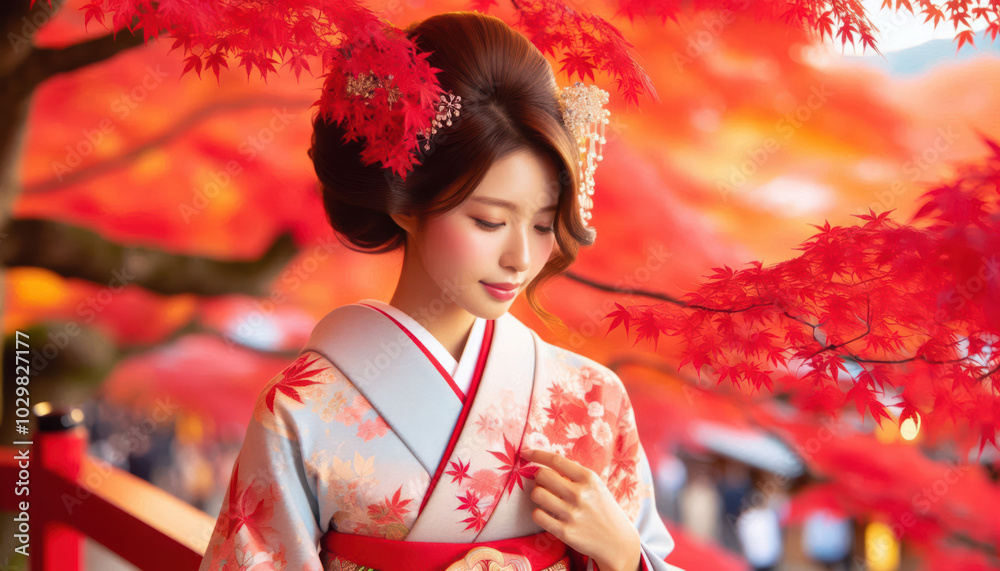 着物を着た女性 紅葉 着物を着た女性 紅葉