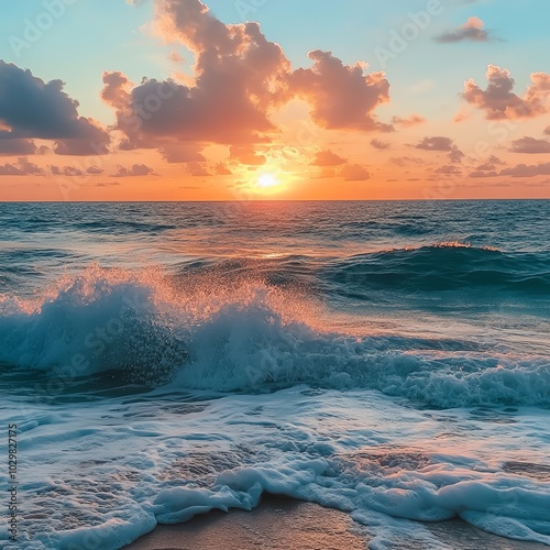 A beautiful turquoise sea with crashing waves and white foam under the vibrant glow of the setting sun on the horizon