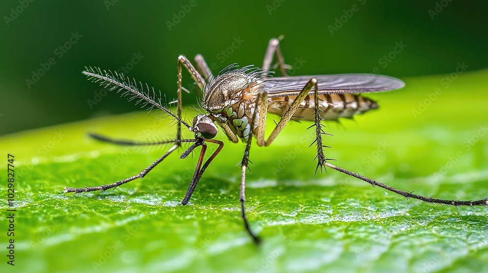 Close-Up of Mosquito Resting on Green Leaf Close-Up of Mosquito Resting on Green Leaf