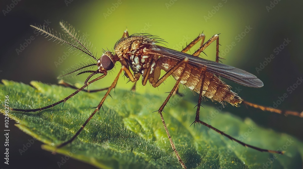 Detailed Close-Up of Mosquito Resting on Green Leaf Detailed Close-Up of Mosquito Resting on Green Leaf