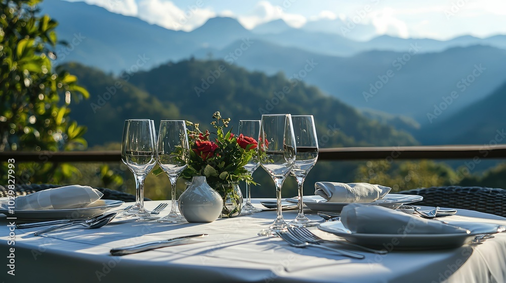 Fototapeta premium Elegant Dining Table with Scenic Mountain View