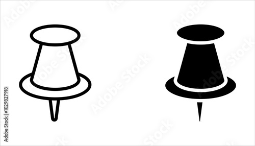 Push pin icon set. Linear and silhouette style on white background