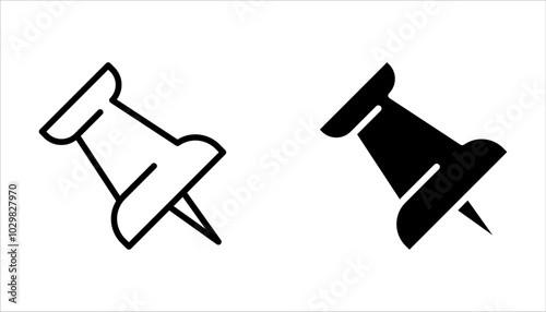 Push pin icon set. Linear and silhouette style on white background