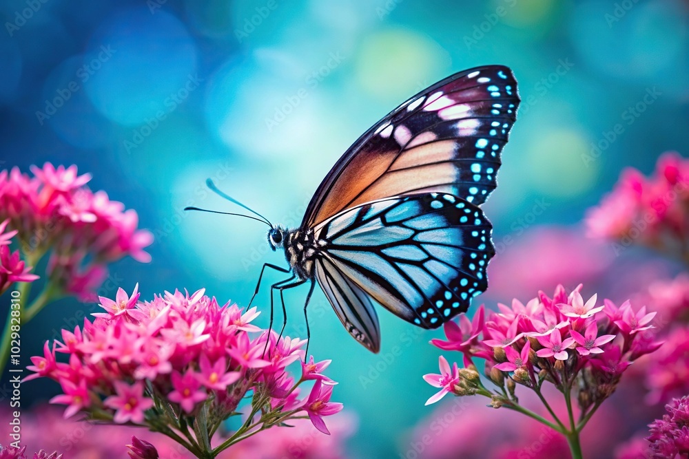 Fototapeta premium Vivid butterfly with pink black blue wings on flowers with turquoise background