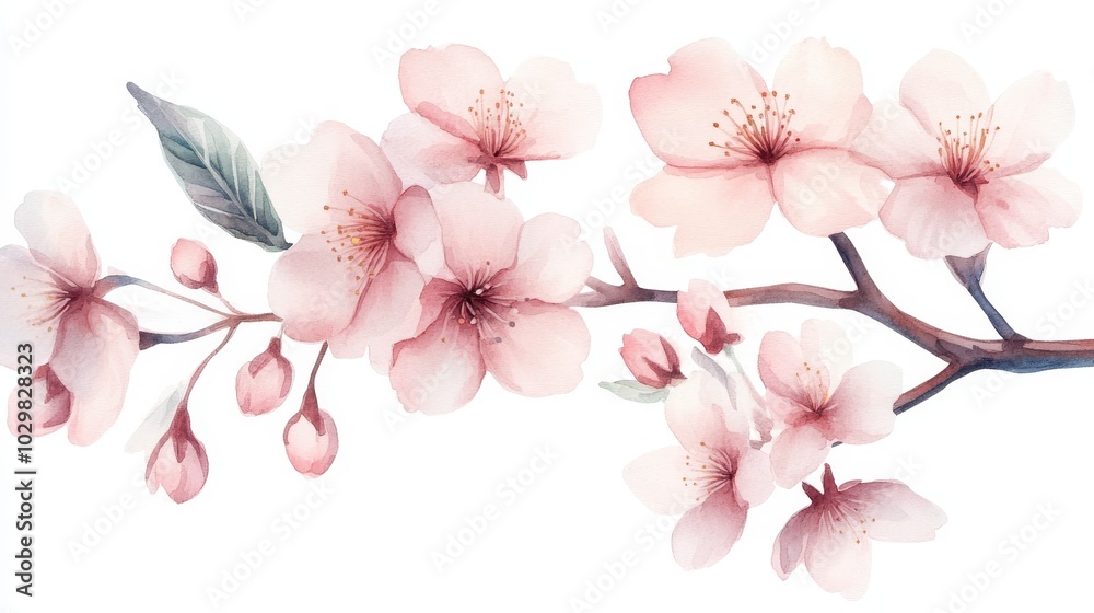 A watercolor painting of a pink cherry blossom tree branch. The painting is full of vibrant colors and has a serene and peaceful mood. The cherry blossoms are in full bloom, and the leaves are lush A watercolor painting of a pink cherry blossom tree branch. The painting is full of vibrant colors and has a serene and peaceful mood. The cherry blossoms are in full bloom, and the leaves are lush