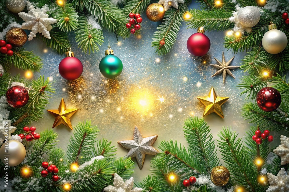 Merry Christmas Card Frame with Pine Tree, Star Shapes, Ornaments, and Snowflakes - Festive Holiday Decor for Seasonal Greetings Merry Christmas Card Frame with Pine Tree, Star Shapes, Ornaments, and Snowflakes - Festive Holiday Decor for Seasonal Greetings