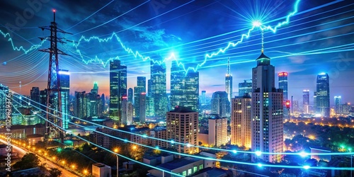 Night Photography of Stock Market Business and Electric Pole Energy Industry with Urban Skyline and Graphs, Illuminated Cityscape, Financial Growth, and Power Infrastructure