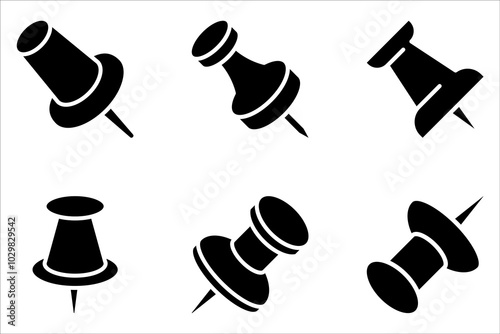 Push pin icon set. Linear and silhouette style on white background