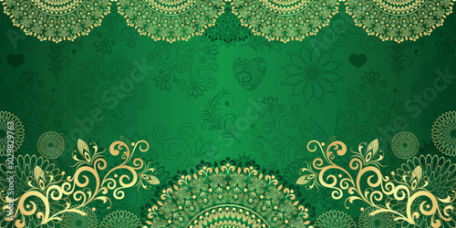 Vector vintage frame with hand drown golden mandala and flowers on a green gradient background