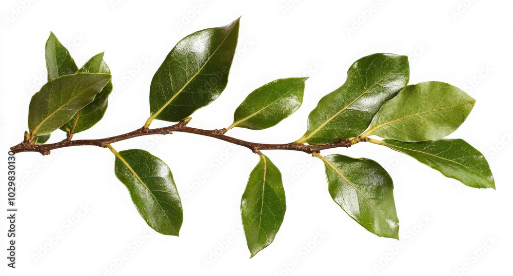 A close-up of a green twig with leaves isolated on a white background. A close-up of a green twig with leaves isolated on a white background.
