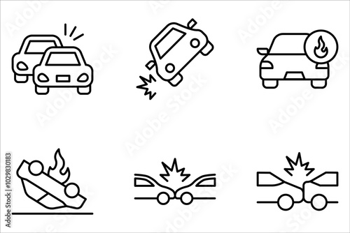 Vector line set of icons related to car accident. Simple outline sign on white background